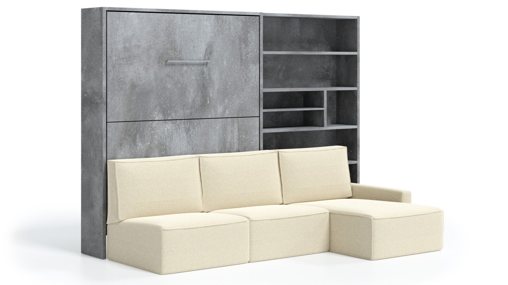 Cama Abatible vertical con estante decorativo y sofá funcional Colores  Madera Wallbed Antracita Dimensiones 90x190